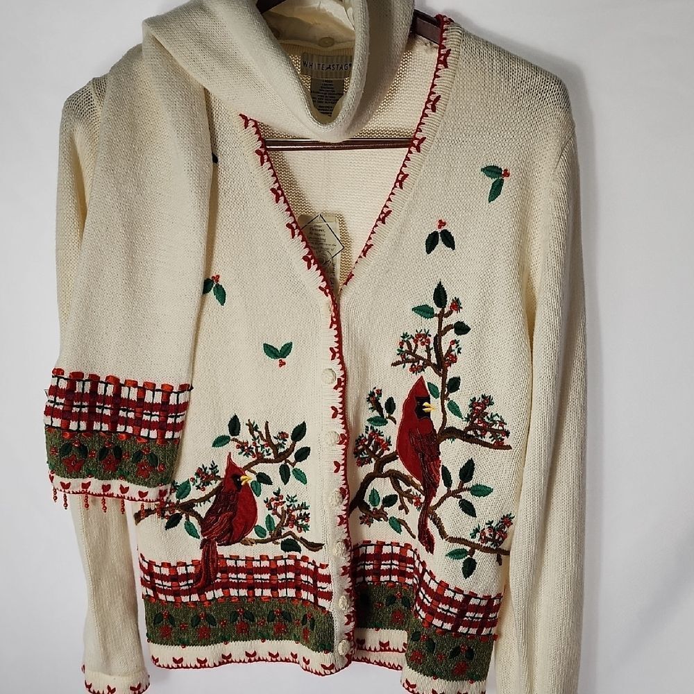 Vtg Cardinal Embroidered Beaded Crocheted Cardigan Sweater With Scarf